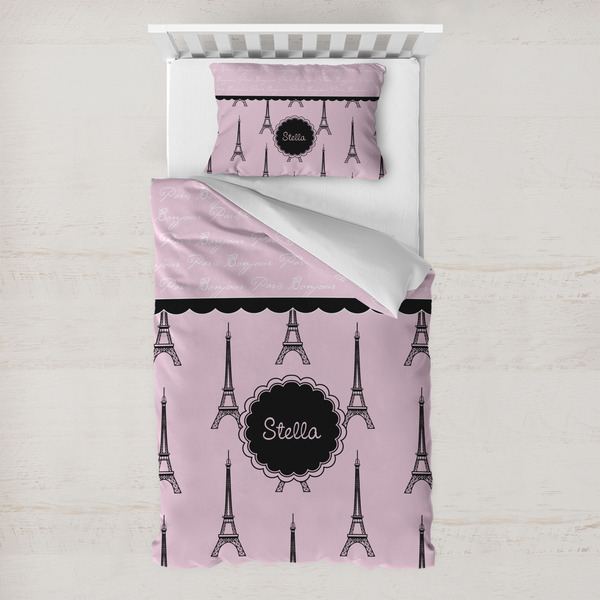 Custom Paris & Eiffel Tower Toddler Bedding Set - With Pillowcase (Personalized)