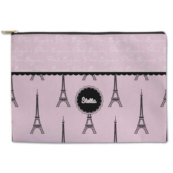 Custom Paris & Eiffel Tower Zipper Pouch - Large - 12.5"x8.5" (Personalized)