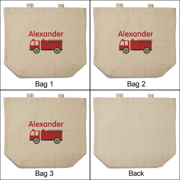 Firetruck 3 Reusable Cotton Grocery Bags - Front & Back View