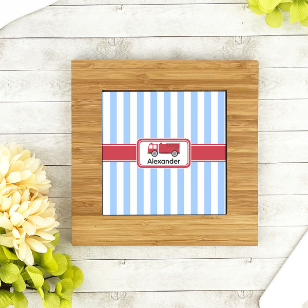 Firetruck Bamboo Trivet with 6" Tile - LIFESTYLE