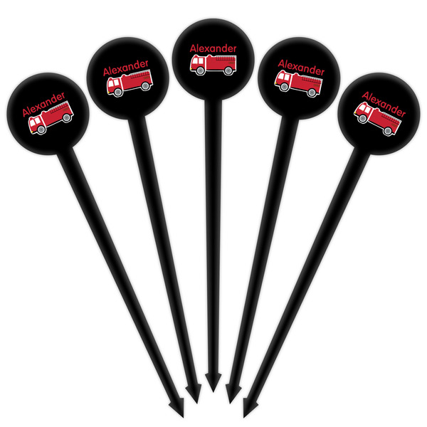 Firetruck Black Plastic 4" Food Pick - Round - Fan View