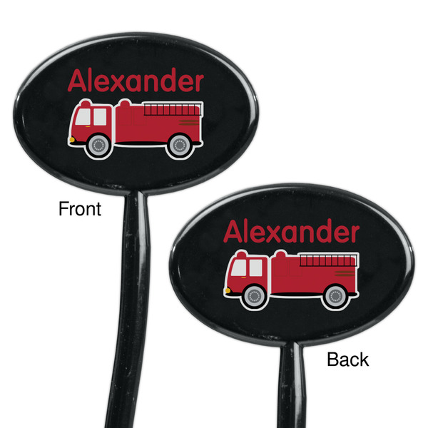 Firetruck Black Plastic 7" Stir Stick - Double Sided - Oval - Front & Back