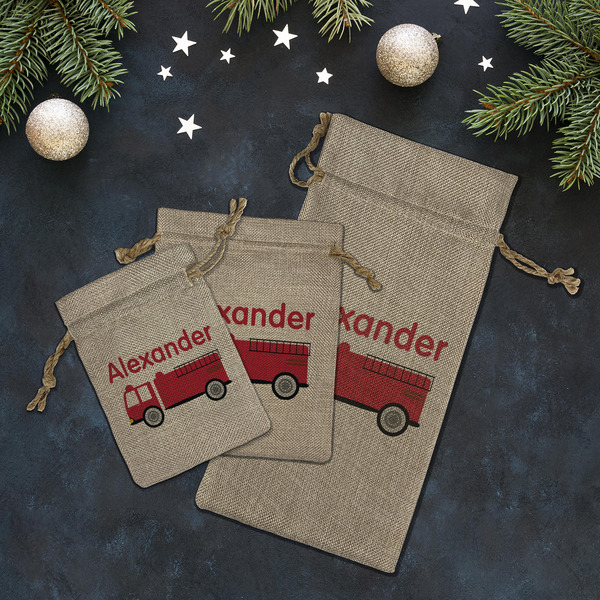 Firetruck Burlap Gift Bags - LIFESTYLE (Flat lay)