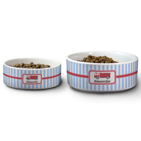 Firetruck Ceramic Dog Bowls - Size Comparison