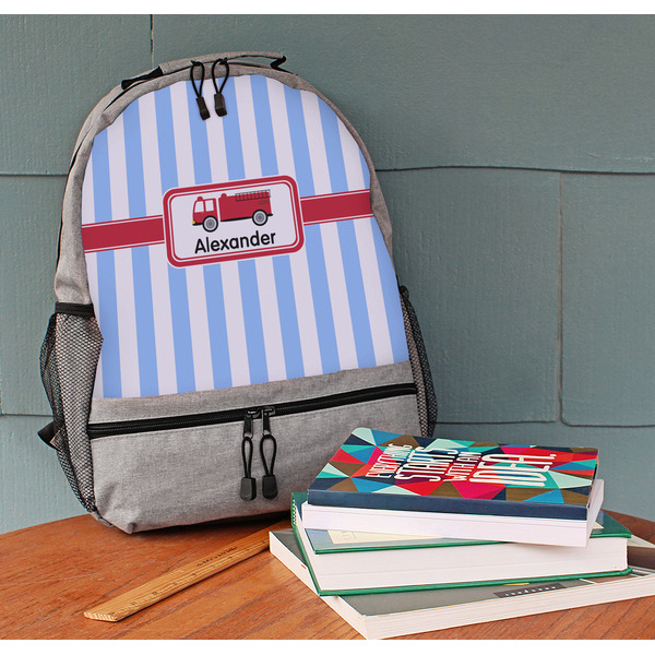 Firetruck Large Backpack - Gray - On Desk