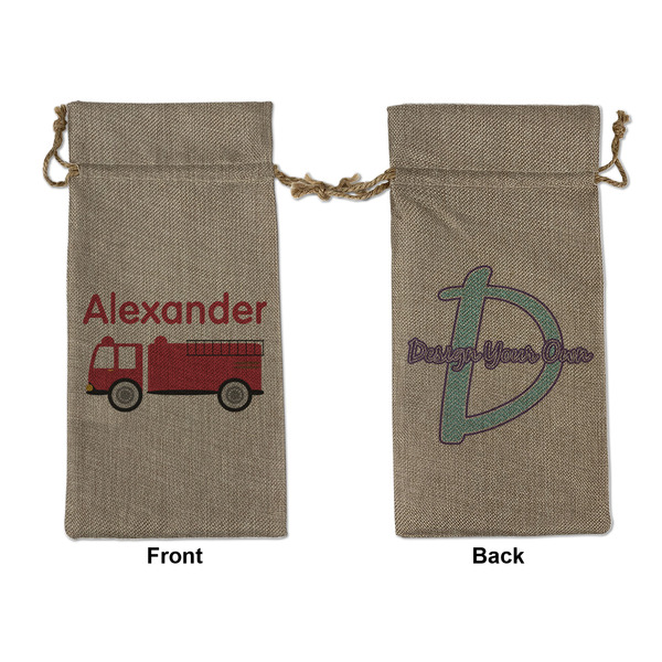 Custom Firetruck Large Burlap Gift Bag - Front & Back (Personalized)