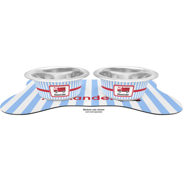 Firetruck Metal Pet Bowls - On Dog Bone Shaped Mat