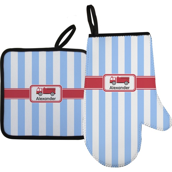 Custom Firetruck Right Oven Mitt & Pot Holder Set w/ Name or Text