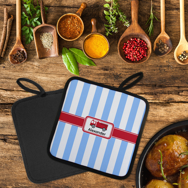 Firetruck Neoprene Pot Holder - Set of 2  LIFESTYLE (Flatlay)