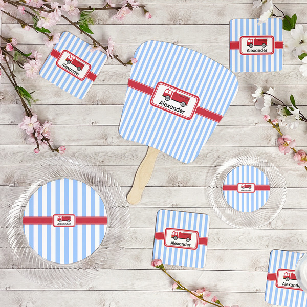 Firetruck Party Supplies Combination Image - All items - Plates, Coasters, Fans