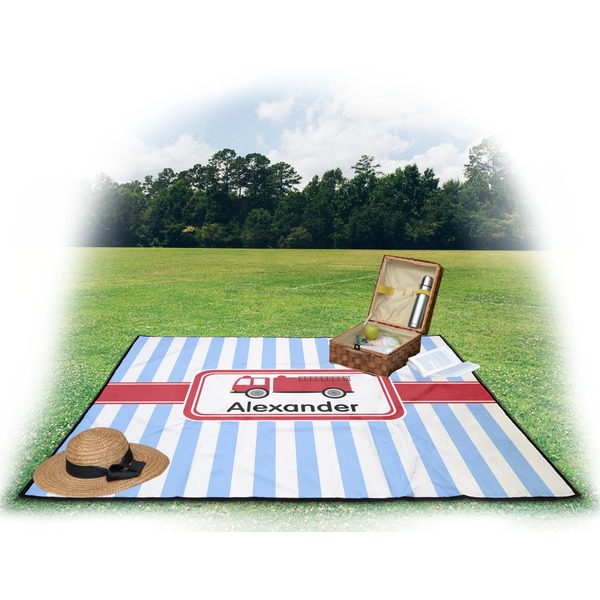 Firetruck Picnic Blanket - with Basket Hat and Book - in Use