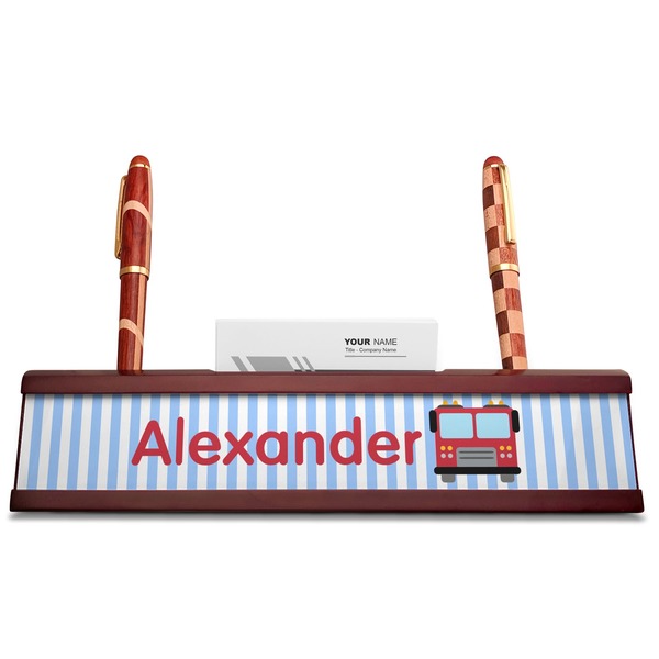 Firetruck Red Mahogany Nameplates with Business Card Holder - Straight