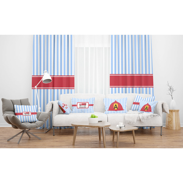 Firetruck Sheer and Custom Curtains in Room with Matching Pillows