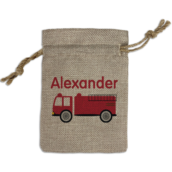 Custom Firetruck Small Burlap Gift Bag - Front (Personalized)