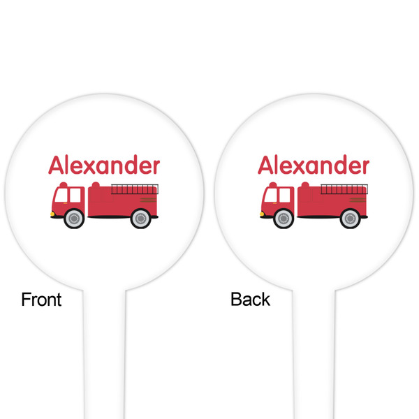 Firetruck White Plastic 4" Food Pick - Round - Double Sided - Front & Back