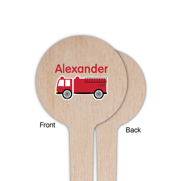 Firetruck Wooden 4" Food Pick - Round - Single Sided - Front & Back