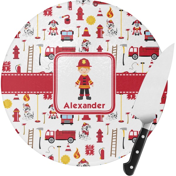 Custom Firefighter Character Round Glass Cutting Board - Small (Personalized)