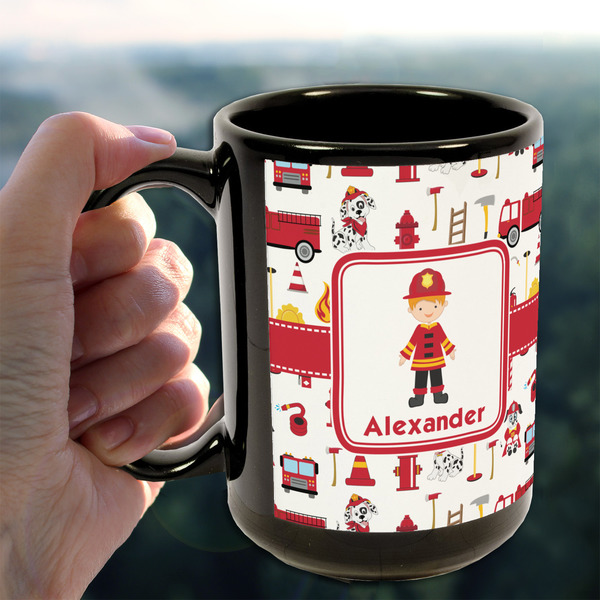 Firefighter Character 15oz. Black Mug - LIFESTYLE