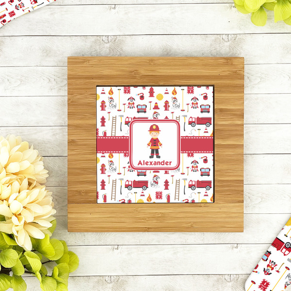 Firefighter Character Bamboo Trivet with 6" Tile - LIFESTYLE