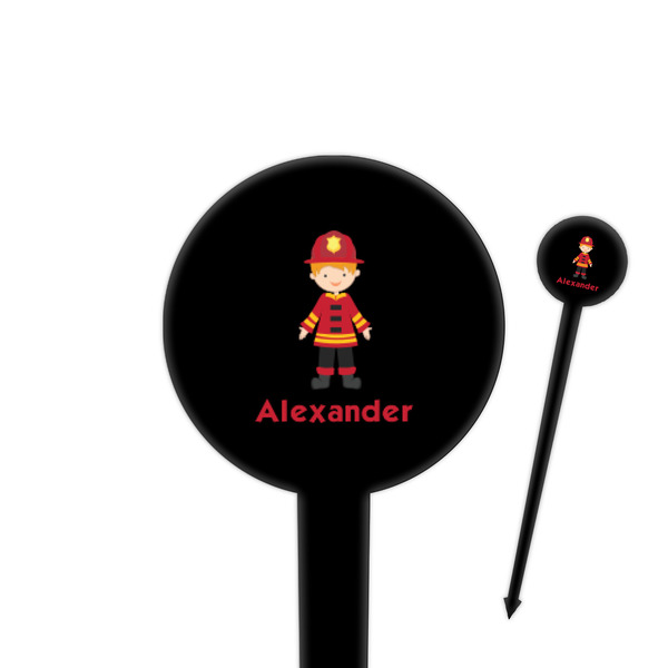 Custom Firefighter Character 4" Round Plastic Food Picks - Black - Single Sided (Personalized)