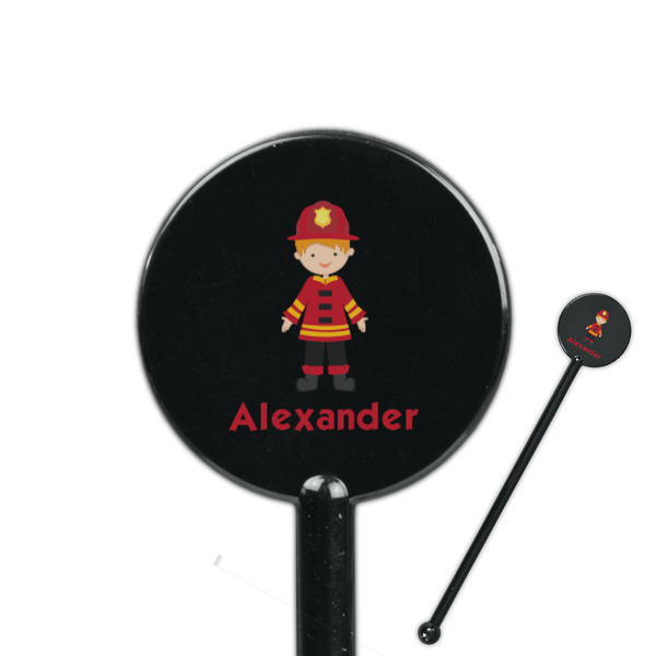 Custom Firefighter Character 5.5" Round Plastic Stir Sticks - Black - Single Sided (Personalized)