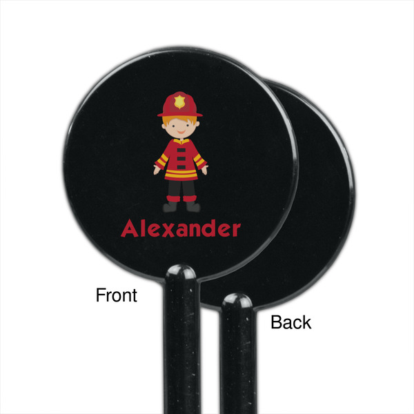 Firefighter Character Black Plastic 5.5" Stir Stick - Single Sided - Round - Front & Back