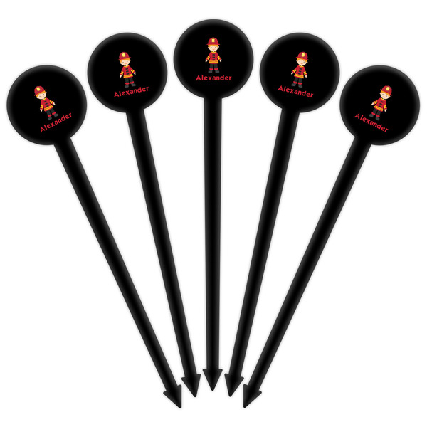 Firefighter Character Black Plastic 6" Food Pick - Round - Fan View