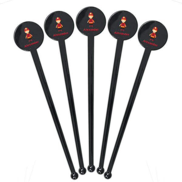Firefighter Character Black Plastic 7" Stir Stick - Round - Fan View