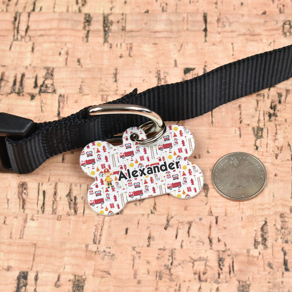 Firefighter Character Bone Shaped Dog ID Tag - Large - In Context