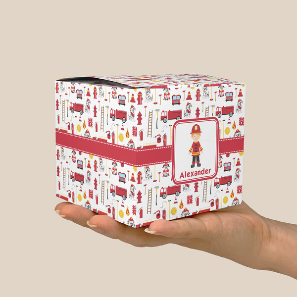 Firefighter Character Cube Favor Gift Box - On Hand - Scale View