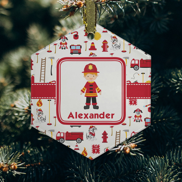 Firefighter Character Frosted Glass Ornament - Hexagon (Lifestyle)