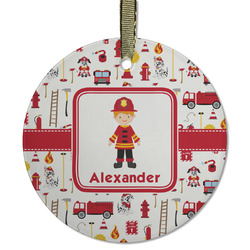 Firefighter Character Flat Glass Ornament - Round w/ Name or Text