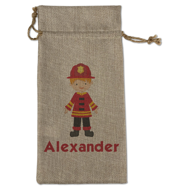 Firefighter Character Large Burlap Gift Bags - Front