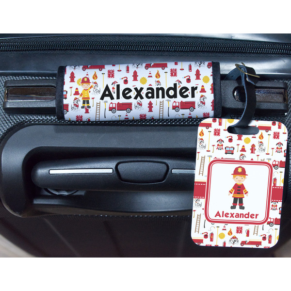 Firefighter Character Metal Luggage Tag & Handle Wrap - In Context