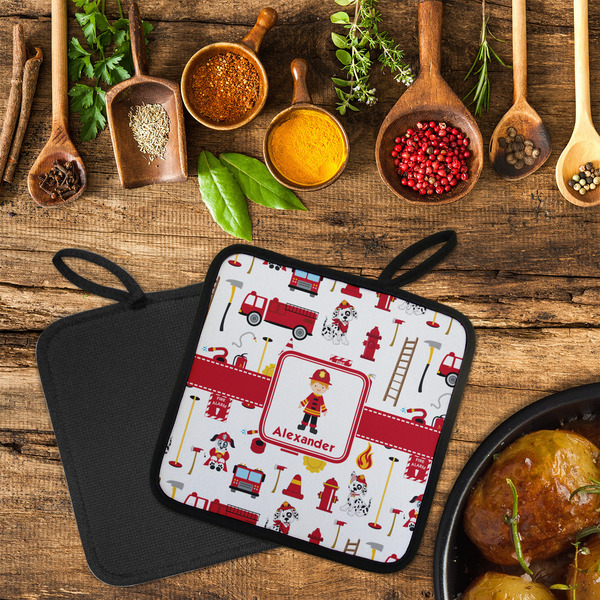 Firefighter Character Neoprene Pot Holder - Set of 2  LIFESTYLE (Flatlay)