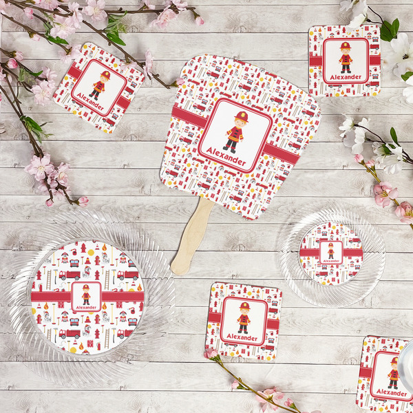 Firefighter Character Party Supplies Combination Image - All items - Plates, Coasters, Fans