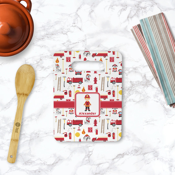 Firefighter Character Rectangle Trivet with Handle - LIFESTYLE
