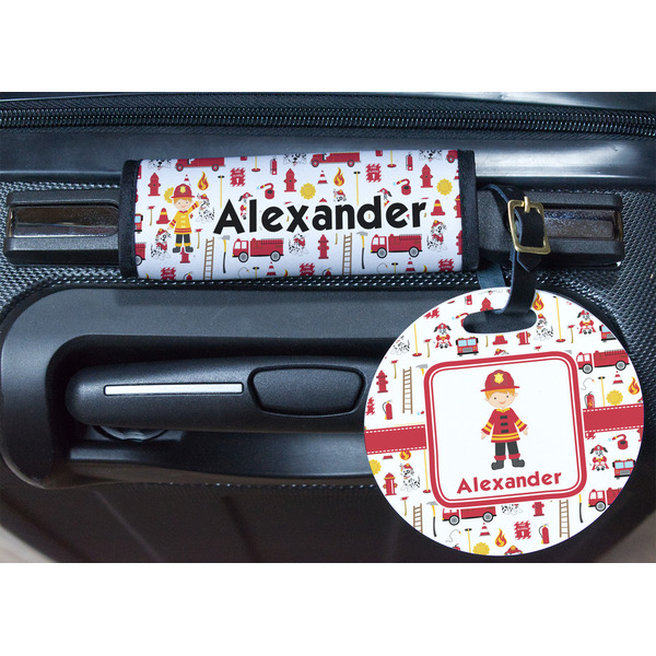 Firefighter Character Round Luggage Tag & Handle Wrap - In Context