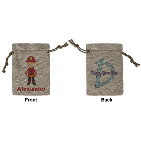 Custom Firefighter Character Small Burlap Gift Bag - Front & Back (Personalized)
