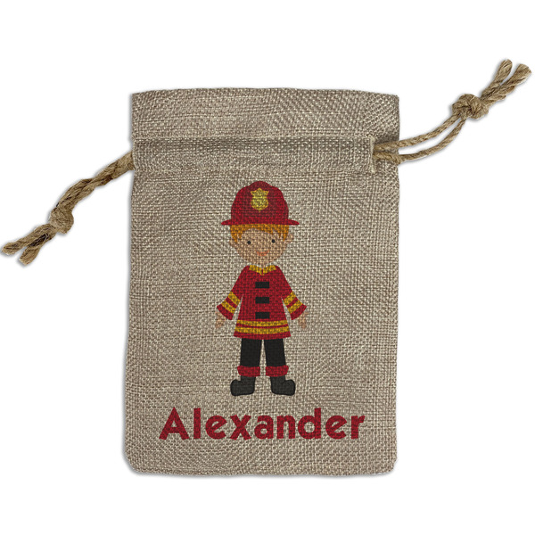 Custom Firefighter Character Small Burlap Gift Bag - Front (Personalized)