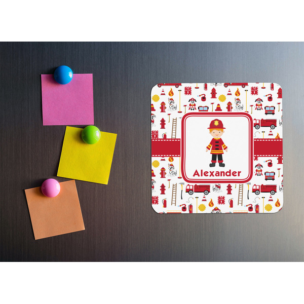 Firefighter Character Square Fridge Magnet - LIFESTYLE