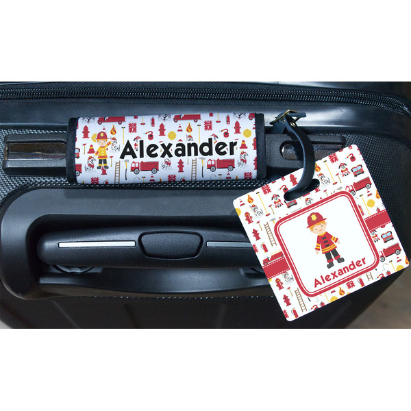 Firefighter Character Square Luggage Tag & Handle Wrap - In Context