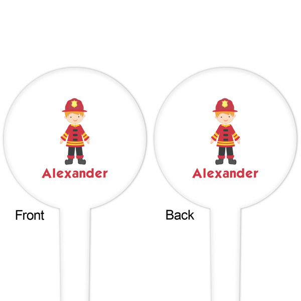 Firefighter Character White Plastic 4" Food Pick - Round - Double Sided - Front & Back