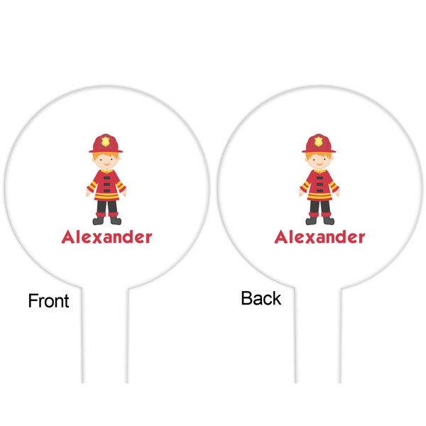 Firefighter Character White Plastic 6" Food Pick - Round - Double Sided - Front & Back