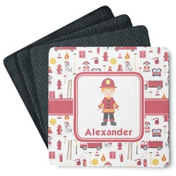 Firefighter Character Square Rubber Backed Coasters - Set of 4 w/ Name or Text