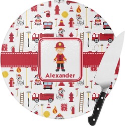 Firefighter Character Round Glass Cutting Board - Medium (Personalized)