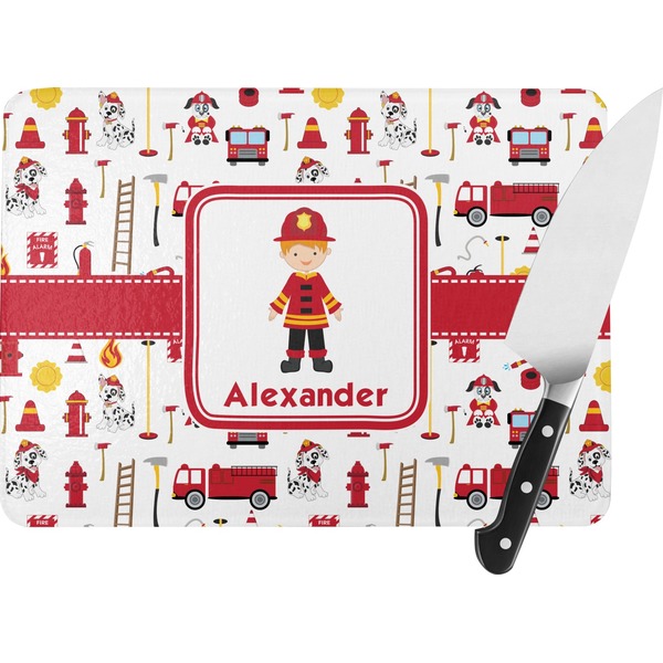 Custom Firefighter Character Rectangular Glass Cutting Board - Large - 15.25"x11.25" w/ Name or Text