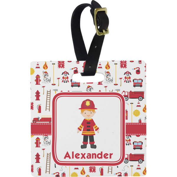 Custom Firefighter Character Plastic Luggage Tag - Square w/ Name or Text