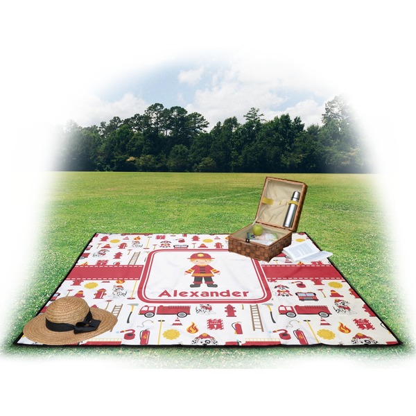 Firefighter Picnic Blanket - with Basket Hat and Book - in Use