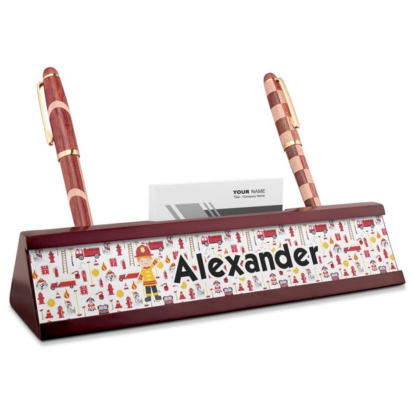 Custom Firefighter Character Red Mahogany Nameplate with Business Card Holder (Personalized)
